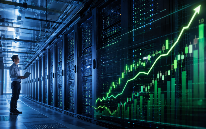 Representative image of a modern AI data centre and rising market chart, reflecting HPE's record quarterly results, upgraded fiscal 2026 outlook, and investor optimism around accelerating demand for artificial intelligence infrastructure.