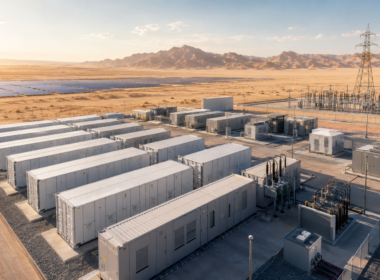 Representative image of large-scale battery energy storage infrastructure in a desert power corridor, illustrating how AMEA Power’s Egypt BESS projects at Zafarana and Benban could support renewable energy dispatch, solar integration and grid stability.