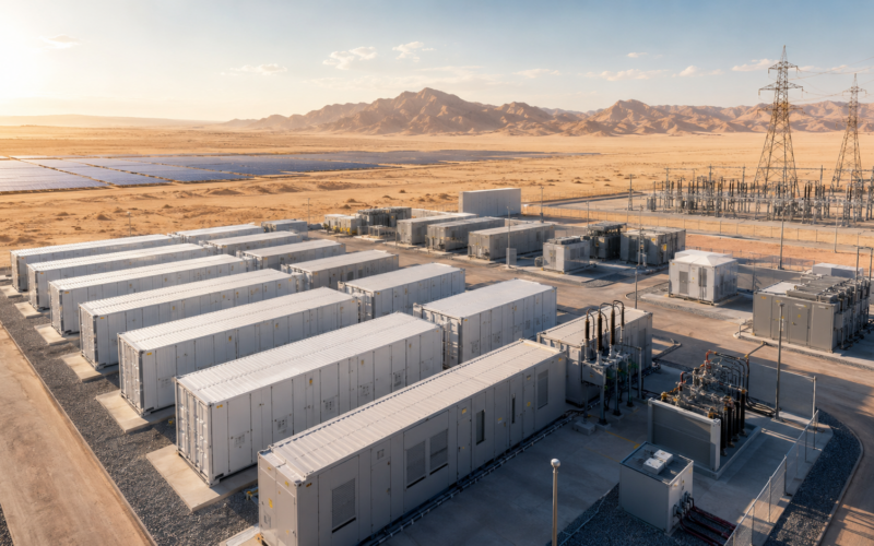 Representative image of large-scale battery energy storage infrastructure in a desert power corridor, illustrating how AMEA Power’s Egypt BESS projects at Zafarana and Benban could support renewable energy dispatch, solar integration and grid stability.