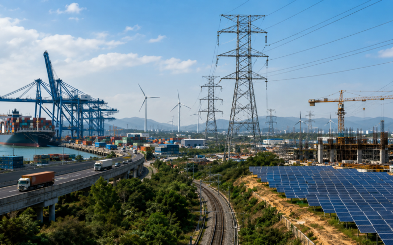 Representative image of industrial infrastructure, solar panels, transmission lines and port logistics, illustrating Adani Portfolio’s FY26 capex surge and India’s infrastructure investment story.