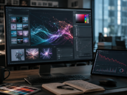 Representative image of a creative software workspace and market charts as Adobe Inc. earnings put ADBE stock, artificial intelligence disruption, and investor confidence under sharp scrutiny.