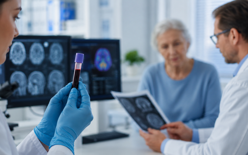 Representative image: A clinical blood sample and brain scan consultation illustrate how new Alzheimer’s blood test research could help detect dementia risk earlier, potentially shifting care from late diagnosis to earlier planning, monitoring and prevention trials.
