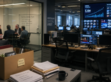 Representative image: A modern newsroom undergoing workforce restructuring reflects the BBC’s 550-job reduction and Matt Brittin’s digital-first strategy, highlighting changing media roles, programme cuts and the future of public-service broadcasting.