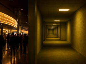 Representative image of moviegoers at a cinema and an unsettling liminal hallway, reflecting A24’s Backrooms box office surge and the growing power of internet-born horror films.