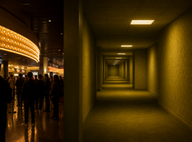 Representative image of moviegoers at a cinema and an unsettling liminal hallway, reflecting A24’s Backrooms box office surge and the growing power of internet-born horror films.