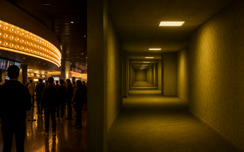 Representative image of moviegoers at a cinema and an unsettling liminal hallway, reflecting A24’s Backrooms box office surge and the growing power of internet-born horror films.