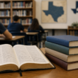 Representative image: Bible passages and classic literature books in a Texas public-school classroom, reflecting the state’s newly approved mandatory reading list for students from elementary through high school.
