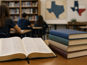 Representative image: Bible passages and classic literature books in a Texas public-school classroom, reflecting the state’s newly approved mandatory reading list for students from elementary through high school.