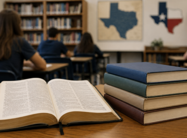 Representative image: Bible passages and classic literature books in a Texas public-school classroom, reflecting the state’s newly approved mandatory reading list for students from elementary through high school.