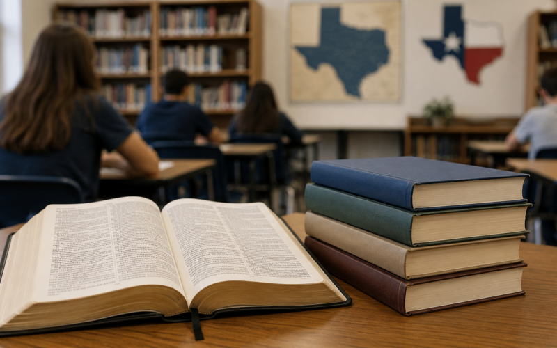 Representative image: Bible passages and classic literature books in a Texas public-school classroom, reflecting the state’s newly approved mandatory reading list for students from elementary through high school.