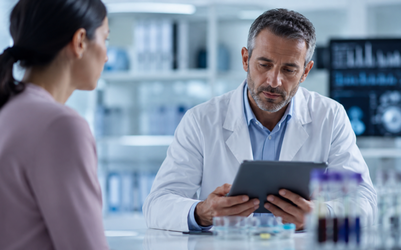 Representative image: A clinical researcher reviews patient data in a modern medical laboratory, reflecting Biogen and UCB’s Phase 3 progress for dapirolizumab pegol in systemic lupus erythematosus treatment.