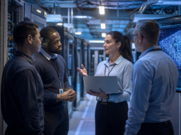 Representative image of a data centre team reviewing AI infrastructure systems, illustrating the Black Box and AIONOS partnership for enterprise AI applications and global digital transformation.