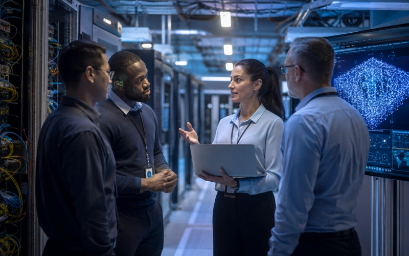 Representative image of a data centre team reviewing AI infrastructure systems, illustrating the Black Box and AIONOS partnership for enterprise AI applications and global digital transformation.