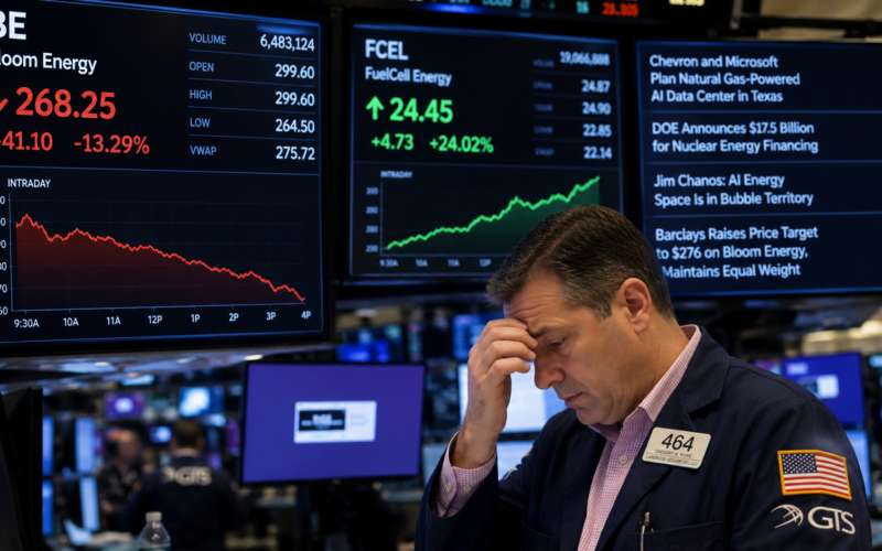 Representative image: Bloom Energy Corporation stock slide highlights investor anxiety over artificial intelligence power competition as FuelCell Energy, Chevron Corporation, Microsoft and nuclear financing reshape the clean energy race.