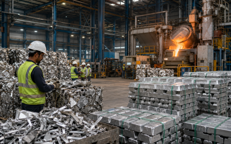 Representative image of aluminium scrap, recycled metal ingots and workers inside a processing facility, illustrating the CMR Green Technologies IPO and India’s metal recycling sector.