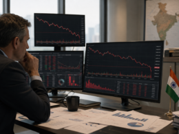 Representative image of an institutional investor reviewing falling Indian equity charts, highlighting how Capital Group’s sharp India exposure cut has intensified questions over FPI flows, valuation concerns and foreign investor confidence in Indian markets.