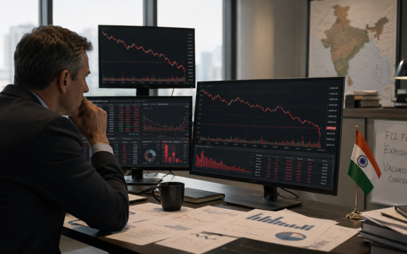 Representative image of an institutional investor reviewing falling Indian equity charts, highlighting how Capital Group’s sharp India exposure cut has intensified questions over FPI flows, valuation concerns and foreign investor confidence in Indian markets.