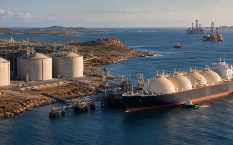 Representative image: Coastal LNG terminal and tanker infrastructure illustrate ExxonMobil’s reported Woodside Energy review, as LNG consolidation, Australia energy assets and XOM stock sentiment move into focus.