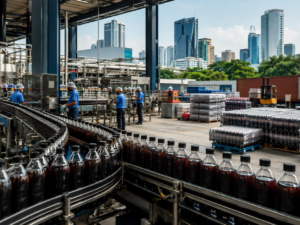 Representative image of an unbranded beverage bottling plant with packaged soft drinks, illustrating Coca-Cola’s India IPO plans and the growth of India’s FMCG beverage sector.