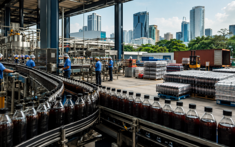Representative image of an unbranded beverage bottling plant with packaged soft drinks, illustrating Coca-Cola’s India IPO plans and the growth of India’s FMCG beverage sector.