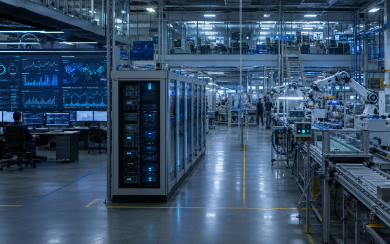 Representative image: A smart factory operations centre with robotics, industrial sensors and AI monitoring systems illustrates how Cognizant’s physical AI platform could reshape enterprise automation, IT services demand and CTSH investor sentiment.