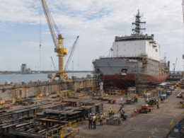 Representative image of shipbuilding work at a coastal yard, as Davie Defense’s Gulf Copper modernization in Texas aims to support Arctic Security Cutter construction and rebuild U.S. icebreaker production capacity.
