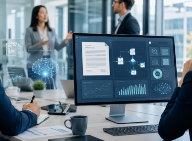Representative image of AI-powered digital agreement workflows in a corporate office setting. The visual reflects Docusign’s push into Intelligent Agreement Management as investors assess whether enterprise automation can strengthen DOCU stock momentum.