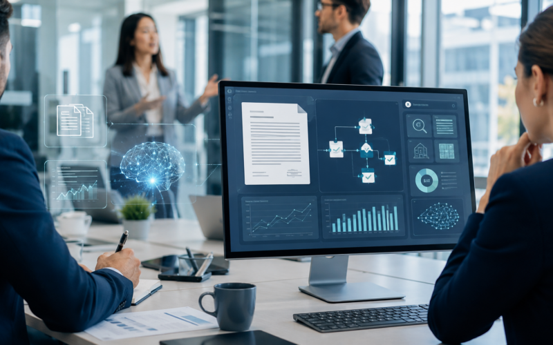 Representative image of AI-powered digital agreement workflows in a corporate office setting. The visual reflects Docusign’s push into Intelligent Agreement Management as investors assess whether enterprise automation can strengthen DOCU stock momentum.