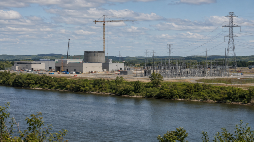 Representative image: A proposed advanced nuclear power site beside a major transmission network illustrates Elementl Power’s planned 1.5 GW Ohio project using GE Vernova Hitachi BWRX-300 small modular reactors.