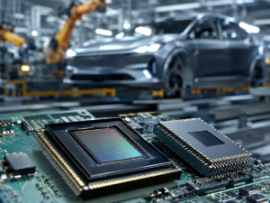 Representative image of advanced semiconductor chips in an automotive manufacturing setting. EnSilica plc’s $75 million German automotive chip contract strengthens its position in sensing technology, ASIC supply, and next-generation vehicle electronics.