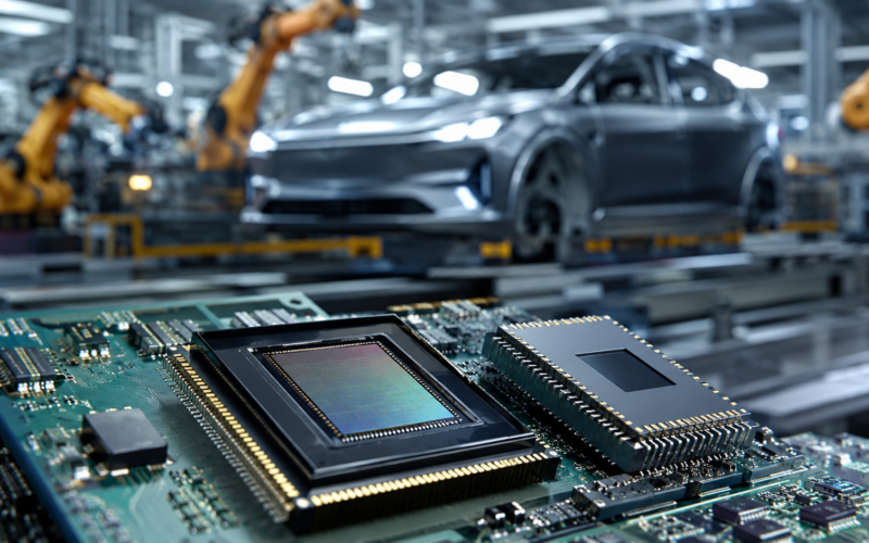 Representative image of advanced semiconductor chips in an automotive manufacturing setting. EnSilica plc’s $75 million German automotive chip contract strengthens its position in sensing technology, ASIC supply, and next-generation vehicle electronics.