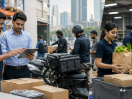 Representative image of unbranded delivery workers and warehouse teams handling parcels and groceries, illustrating India’s Digital Commerce Coalition and the growth of e-commerce and quick commerce.