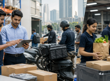 Representative image of unbranded delivery workers and warehouse teams handling parcels and groceries, illustrating India’s Digital Commerce Coalition and the growth of e-commerce and quick commerce.