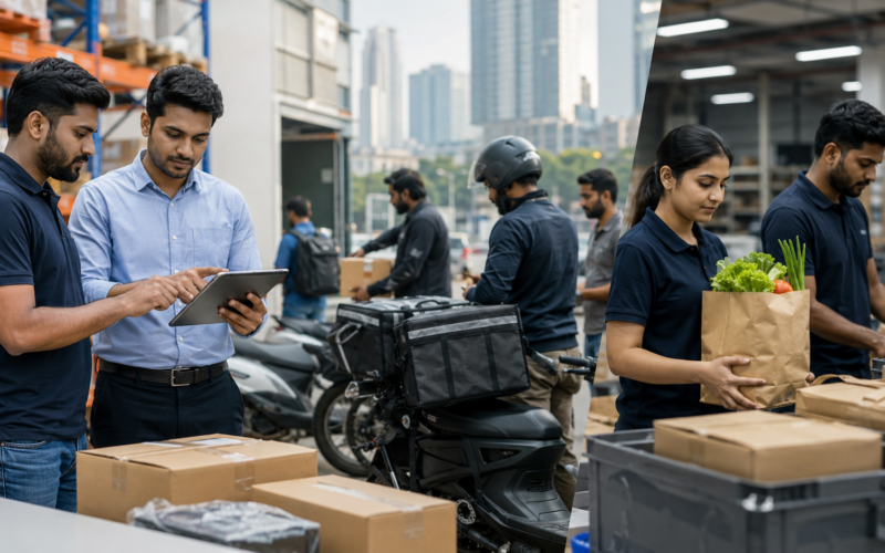 Representative image of unbranded delivery workers and warehouse teams handling parcels and groceries, illustrating India’s Digital Commerce Coalition and the growth of e-commerce and quick commerce.