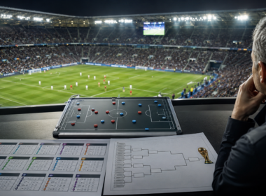 Representative image of a football analyst reviewing tournament brackets and tactical plans inside a packed stadium, highlighting how the FIFA World Cup 2026 format expands to 48 teams, 12 groups and a new round of 32.