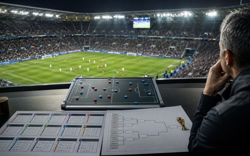 Representative image of a football analyst reviewing tournament brackets and tactical plans inside a packed stadium, highlighting how the FIFA World Cup 2026 format expands to 48 teams, 12 groups and a new round of 32.