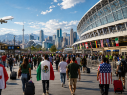 Representative image of fans arriving at a modern football stadium, highlighting how FIFA World Cup 2026 host cities across the United States, Canada and Mexico will manage travel, tourism, crowd movement and matchday operations.