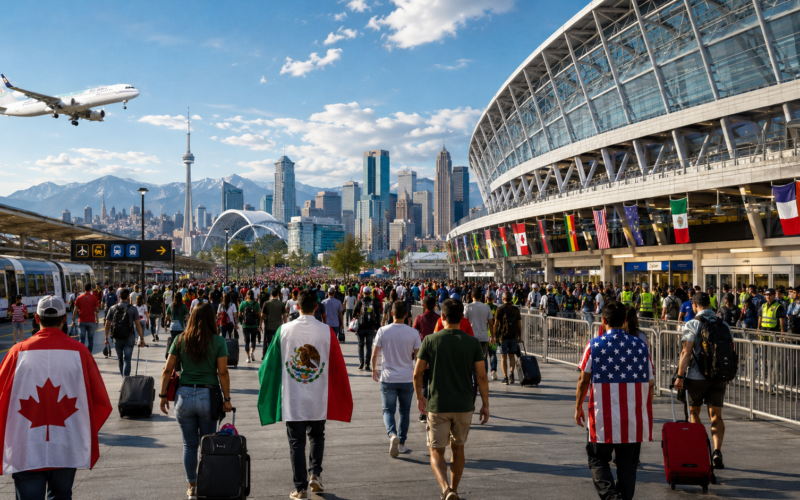 Representative image of fans arriving at a modern football stadium, highlighting how FIFA World Cup 2026 host cities across the United States, Canada and Mexico will manage travel, tourism, crowd movement and matchday operations.