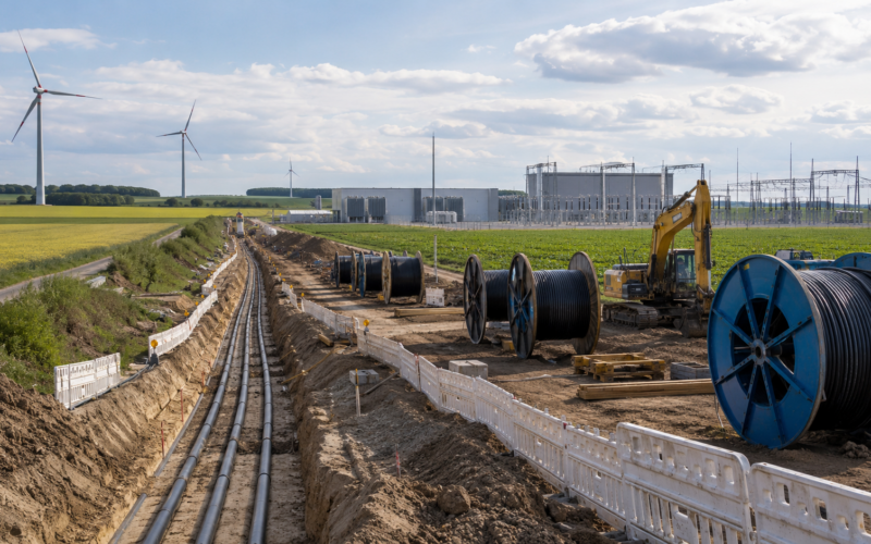 Representative image of underground HVDC cable construction and wind power infrastructure, highlighting how Germany’s A-Nord project aims to connect northern renewable energy with western industrial demand centres.