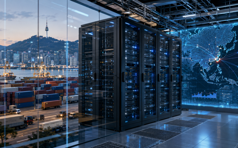 Representative image of AI data center infrastructure connected to port logistics and digital supply chain networks, illustrating GoodVision AI and ATTO Research’s plan for supply chain-focused AI data centers in South Korea.
