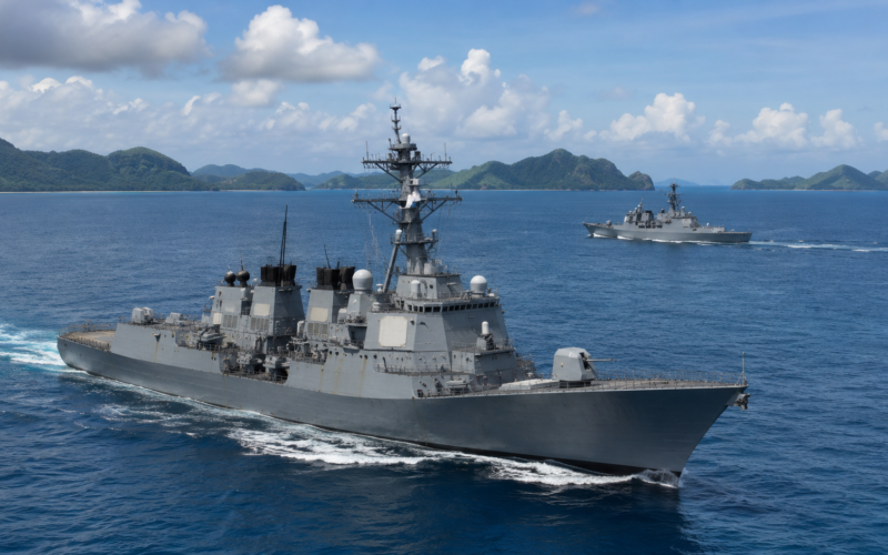 Representative image: Grey naval warships sail through Indo-Pacific waters as Japan and Indonesia discuss a potential Asagiri-class destroyer transfer, highlighting how used warships could support Indonesia’s naval modernisation and regional maritime security.