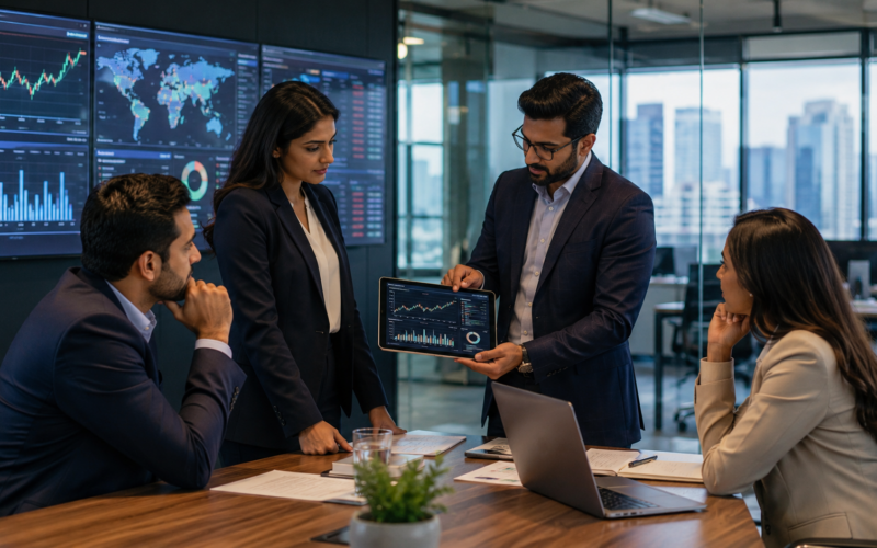 Representative image of a fintech and wealth management team reviewing investment charts, illustrating Groww AMC’s State Street Global Advisors deal and India’s mutual fund growth story.