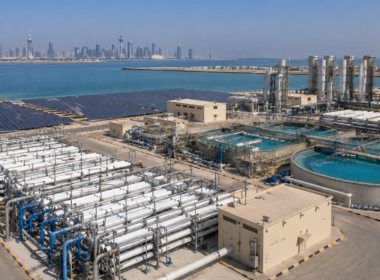 VA Tech WABAG’s Kuwait desalination contract highlights Gulf water infrastructure demand, with this representative image showing a large coastal reverse-osmosis plant supported by solar power.