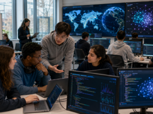 Representative image: University students collaborate on AI software projects in a modern technology lab, reflecting IBM’s global AI Builders Challenge and the expansion of IBM Bob access to 20,000 post-secondary institutions worldwide.