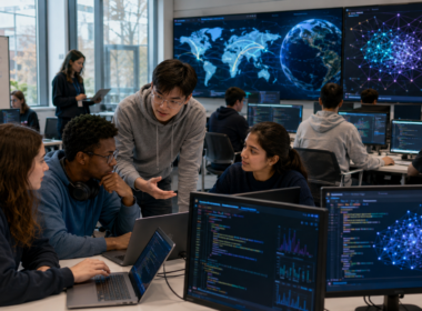 Representative image: University students collaborate on AI software projects in a modern technology lab, reflecting IBM’s global AI Builders Challenge and the expansion of IBM Bob access to 20,000 post-secondary institutions worldwide.