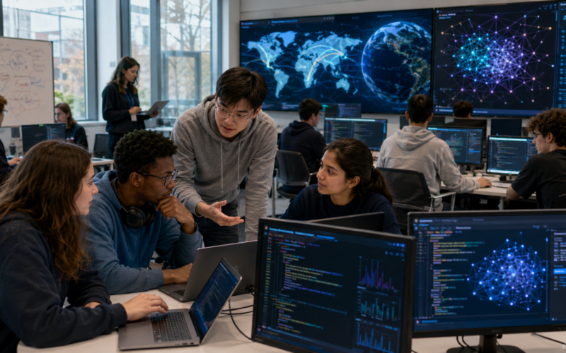 Representative image: University students collaborate on AI software projects in a modern technology lab, reflecting IBM’s global AI Builders Challenge and the expansion of IBM Bob access to 20,000 post-secondary institutions worldwide.