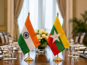 Representative image of India and Myanmar flags on a diplomatic meeting table as Narendra Modi and U Min Aung Hlaing discuss border security, Northeast stability, trade, connectivity and assurances that Myanmar territory will not be used against India.