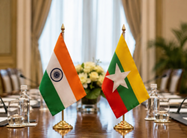 Representative image of India and Myanmar flags on a diplomatic meeting table as Narendra Modi and U Min Aung Hlaing discuss border security, Northeast stability, trade, connectivity and assurances that Myanmar territory will not be used against India.