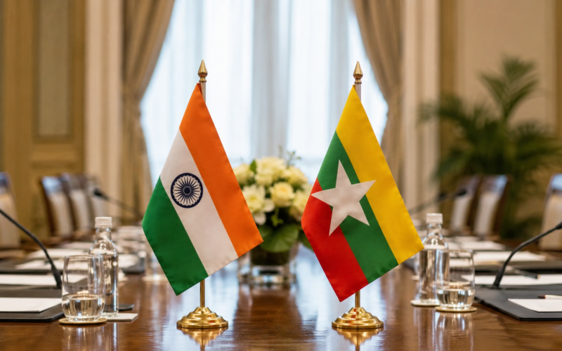 Representative image of India and Myanmar flags on a diplomatic meeting table as Narendra Modi and U Min Aung Hlaing discuss border security, Northeast stability, trade, connectivity and assurances that Myanmar territory will not be used against India.