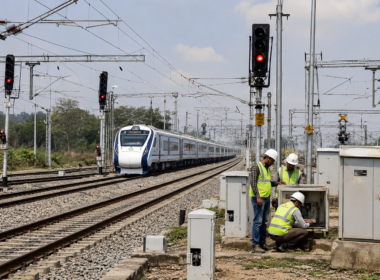 Representative image: Railway signalling and trackside safety equipment being inspected on an electrified rail corridor, reflecting Kernex Microsystems’ ₹173 crore Kavach order and India’s push to modernise train collision avoidance systems.